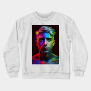 Luminous Beauty: A Portrait of a Man with Colorful Lights Crewneck Sweatshirt